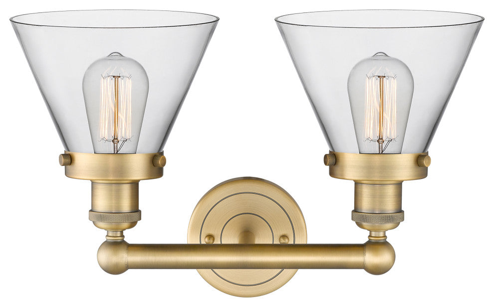 Edison Large Cone 2-Light 17" Vanity Light, Brushed Brass Finish, Clear Shade