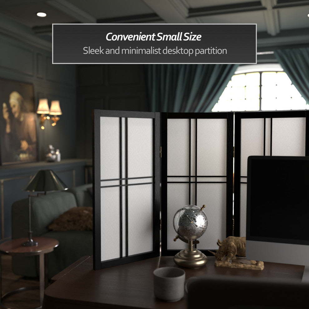 2'' Tall Desktop Double Cross Shoji Screen, Black, 3 Panels