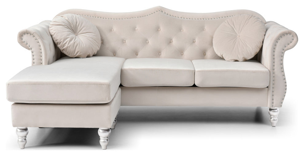 Hollywood Velvet Tufted sofa With Reversible Chaise, Ivory