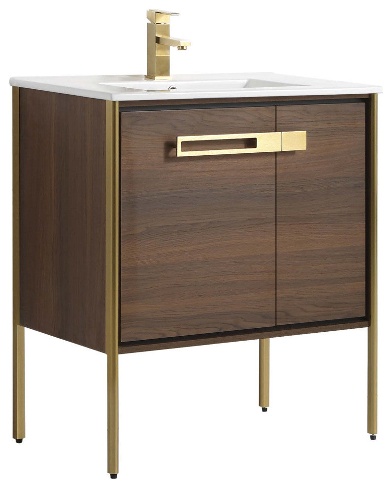 Oakville Bath Vanity, Ceramic Sink, Walnut Ebony, 30 Inch, Satin Brass Hardware