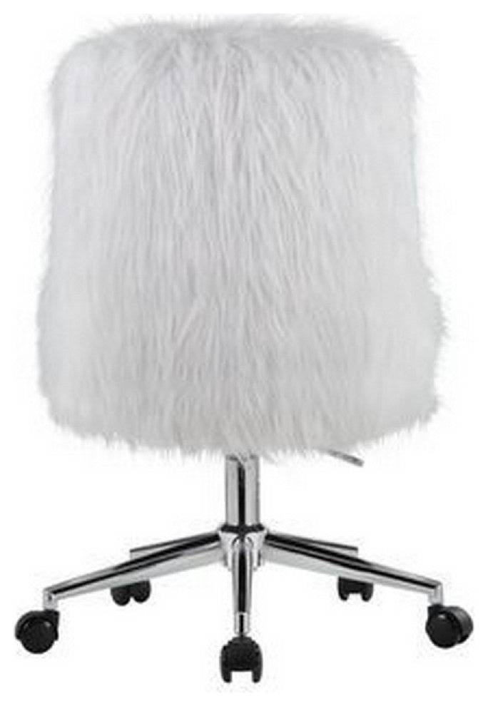 Benzara BM269063 Swivel Office Chair With Faux Fur Fabric, White and Chrome
