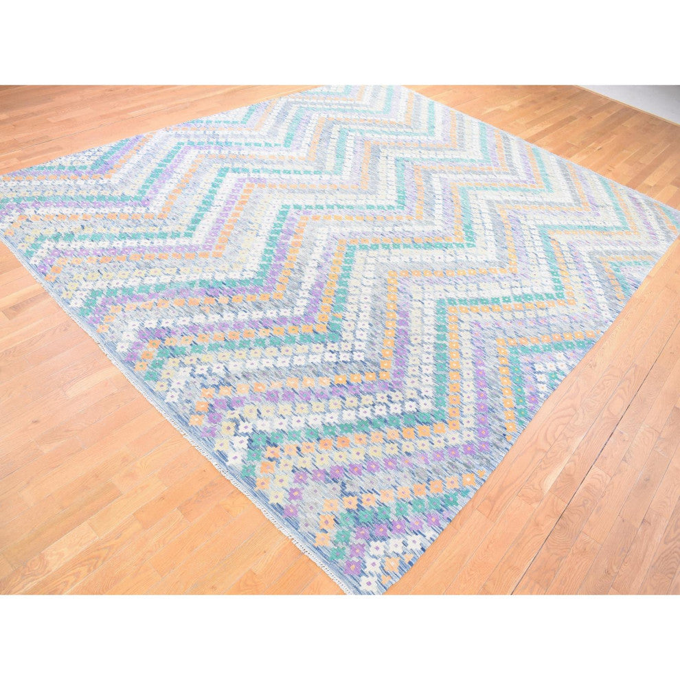 Gray Afghan Kilim with Geometric Design Multicolor Flat Weave Rug 10'3" x 13'2"