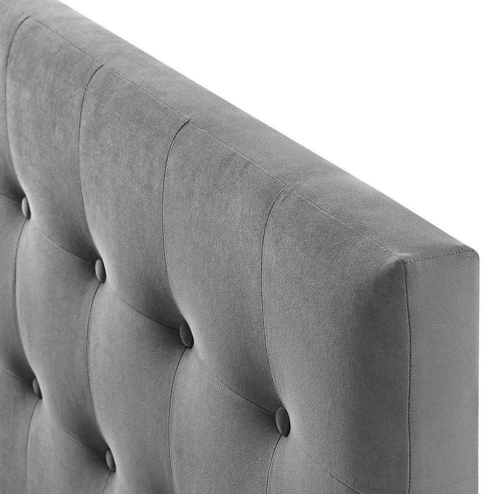 Contemporary Modern King Size Tufted Headboard, Velvet Fabric, Grey Gray