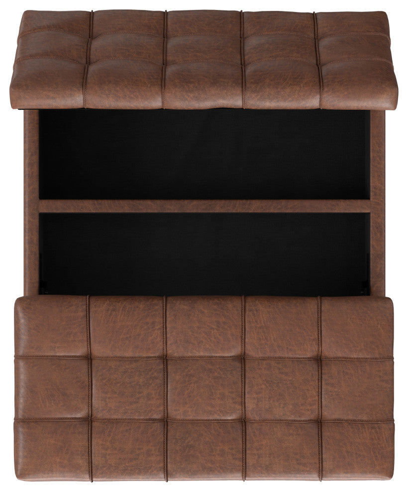 Laura Mid Century Lift Top Storage Ottoman, Distressed Saddle Brown