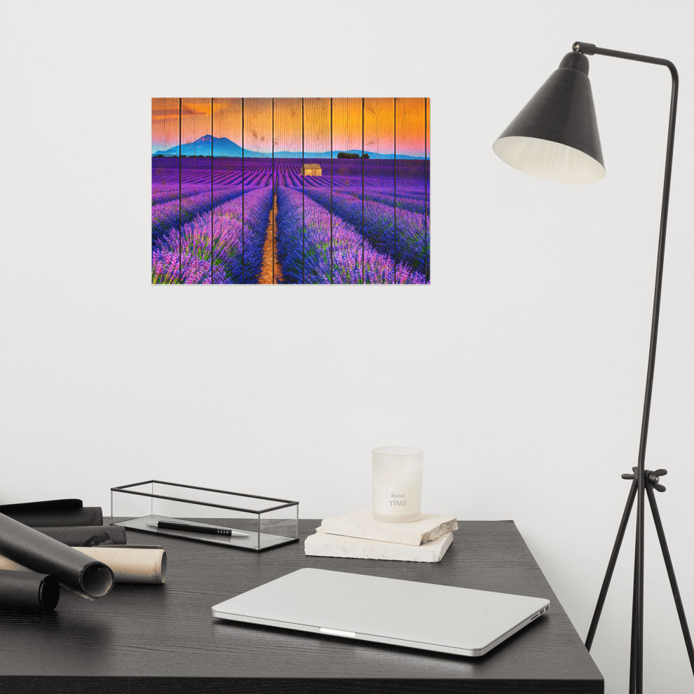 Faux Wood Lavender Fields and Sunset Landscape Unframed Wall Art Prints, 12" X 18"