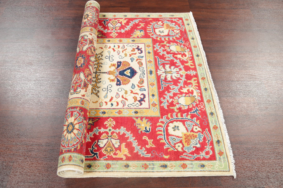 Traditional Super Kazak Bordered Area Rug Oriental Hand-Knotted, Beige, 4 X 6