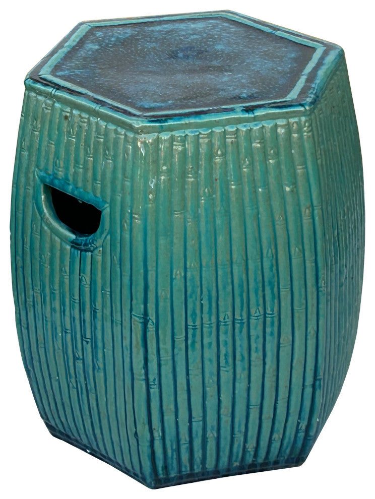 Hexagon Bamboo Theme Turquoise Green Ceramic Clay Garden Stool Hws3557