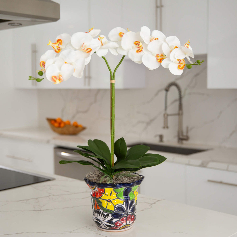 26in Faux Double Orchid Arrangement, Handmade Mexican Talavera Ceramic Planter