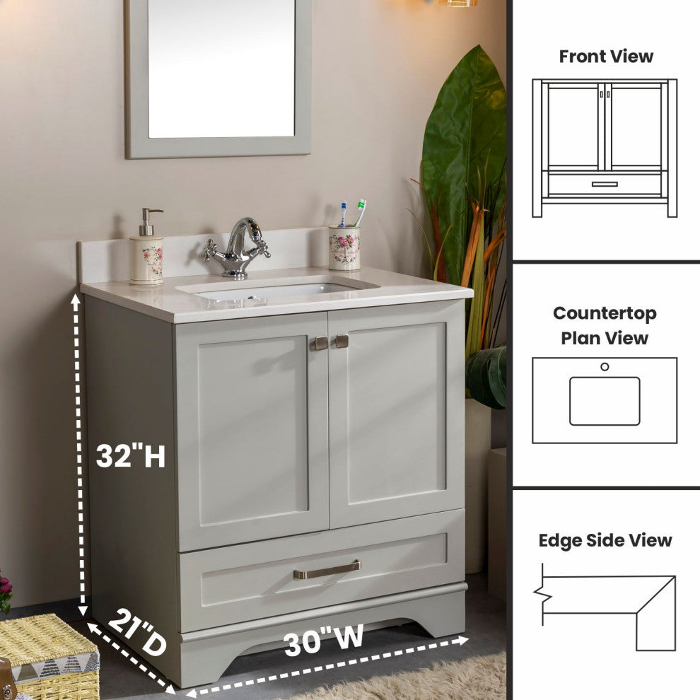 Livia Collection 30" Bath Vanity Quartz Top and Ceramic Sink, Grey, 30"