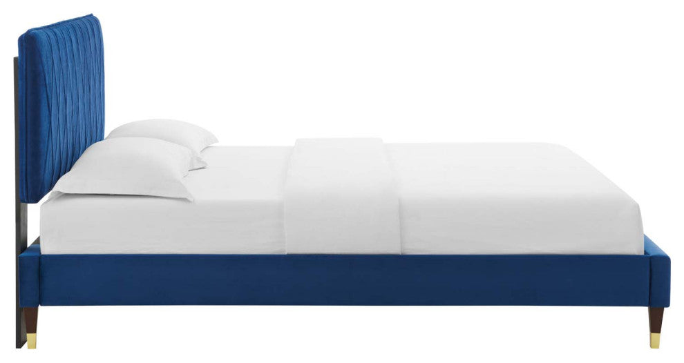 Platform Bed Frame, Queen Size, Velvet, Blue Navy, Modern Contemporary, Bedroom