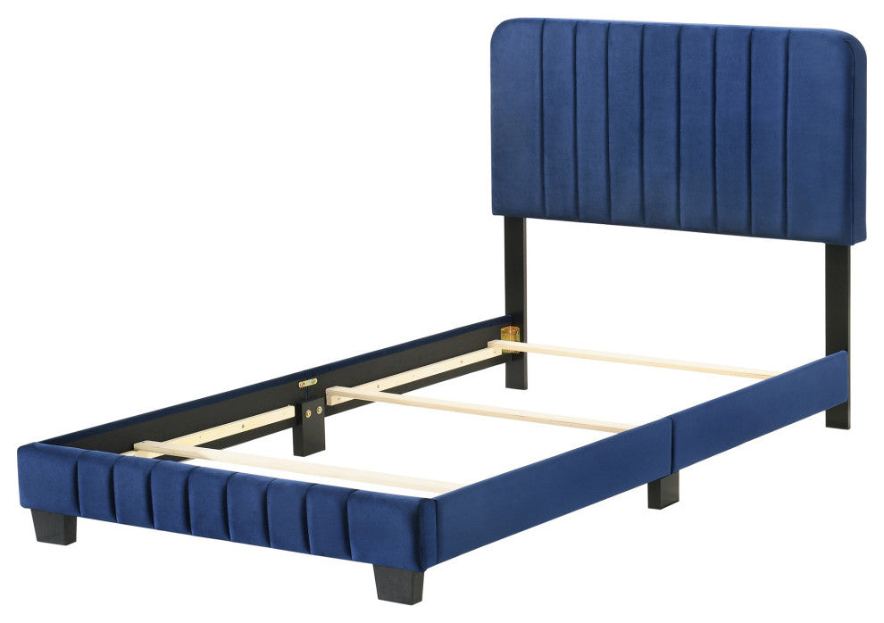 Lodi Velvet Upholstered Channel Tufted Twin Panel Bed, Navy Blue