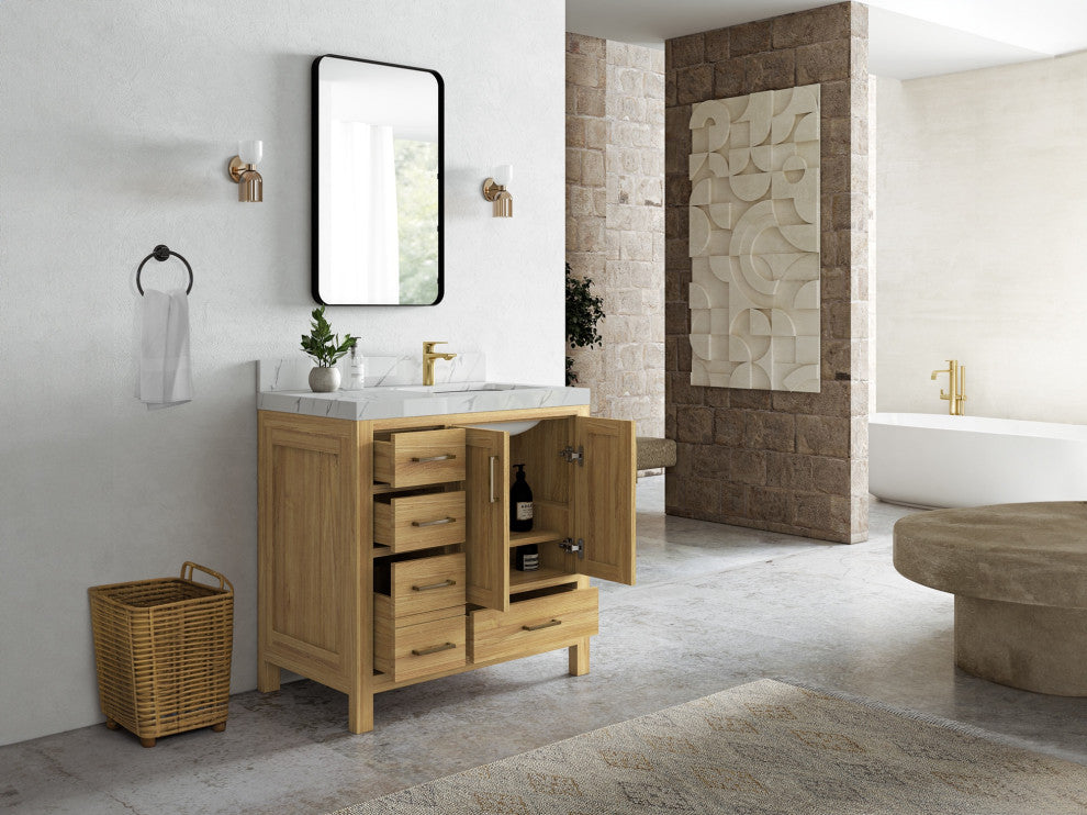 Malibu Teak 36" Right Offset Bath Vanity in Light Natural  2" Calacatta Black