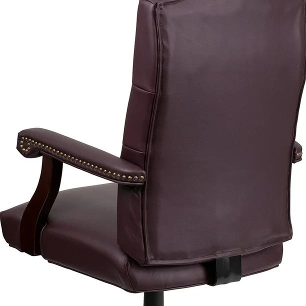 Office Chair, Button Tufted Back & Arms With Nailhead, Burgundy Faux Leather