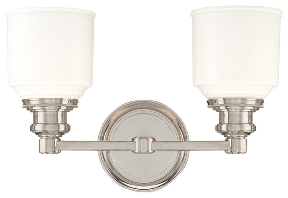 Windham 2-Light Bath and Vanity With Opal Glossy Glass Shade, Polished Nickel