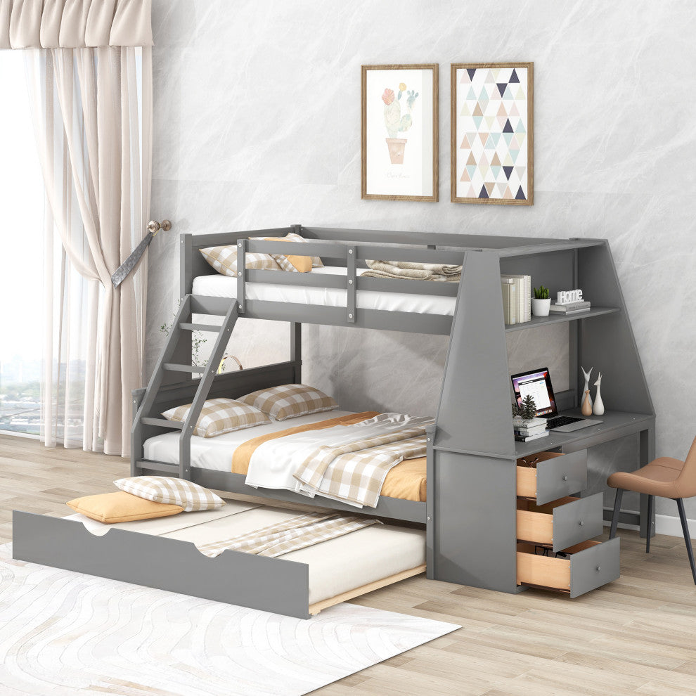 Gewnee Twin Over Full Bunk Bed with Desk Trundle and Built-in Desk  in Gray