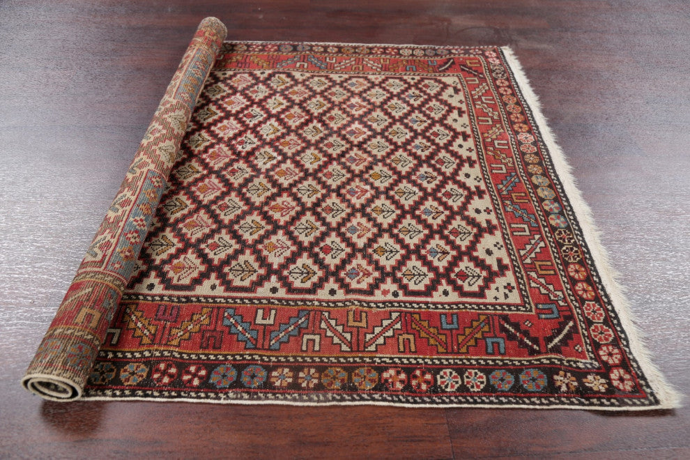 Consigned, Oriental Low Pile Carpet Hand-Knotted Antique Area Rug, Beige, 4x4