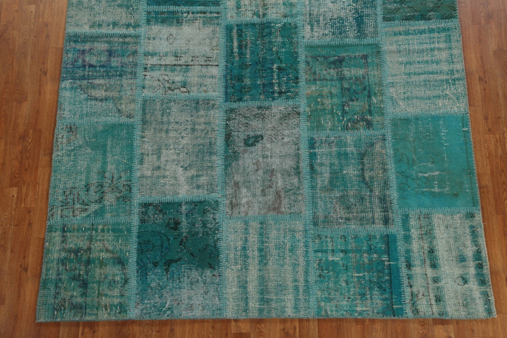Green Over-dyed Patchwork Turkish Area Rug Hand-tufted Wool Carpet 7x10