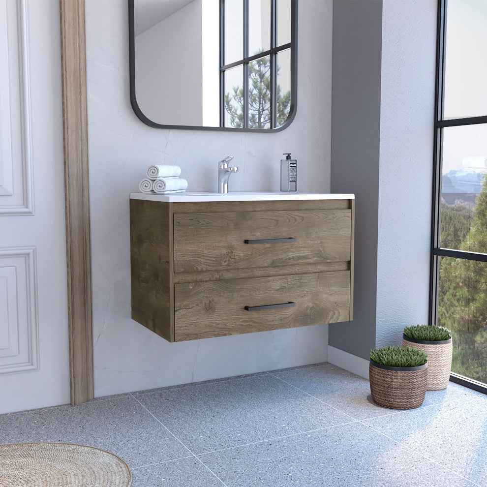 Maine Floating Vanity Bathroom with 2 Drawers and Handles, Dark Brown/White