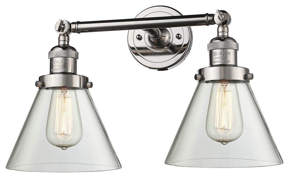 Large Cone 2-Light LED Bath Fixture, Polished Nickel, Glass: Clear