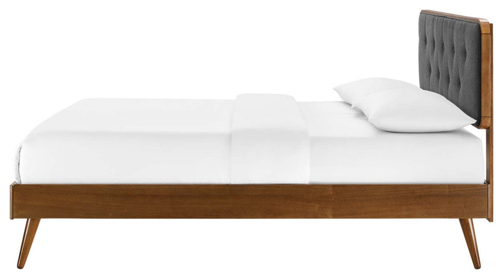 Platform Bed Frame, Queen Size, Fabric, Wood, Brown Walnut Gray, Modern