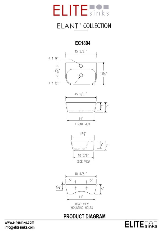ELANTI EC1804 Porcelain Wall-Mounted Bathroom Sink, White