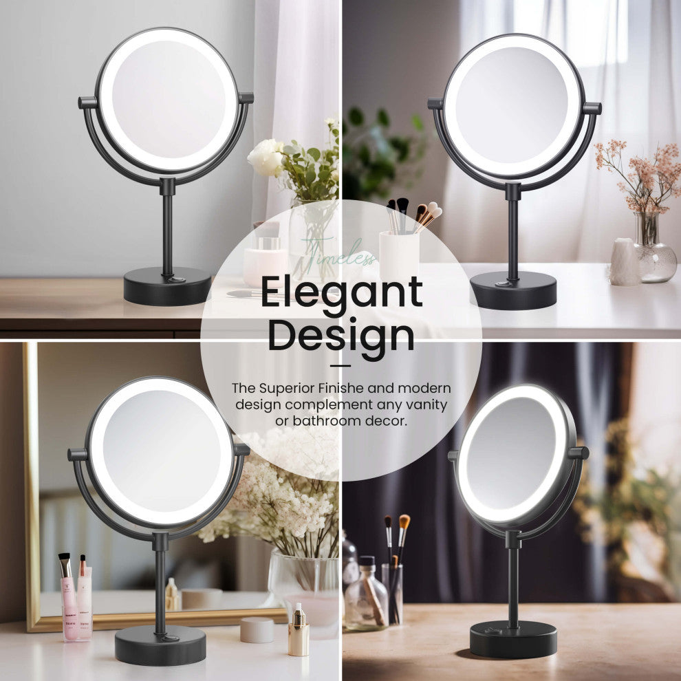 Circular LED Free Standing Magnifying Make Up Mirror, Matte Black