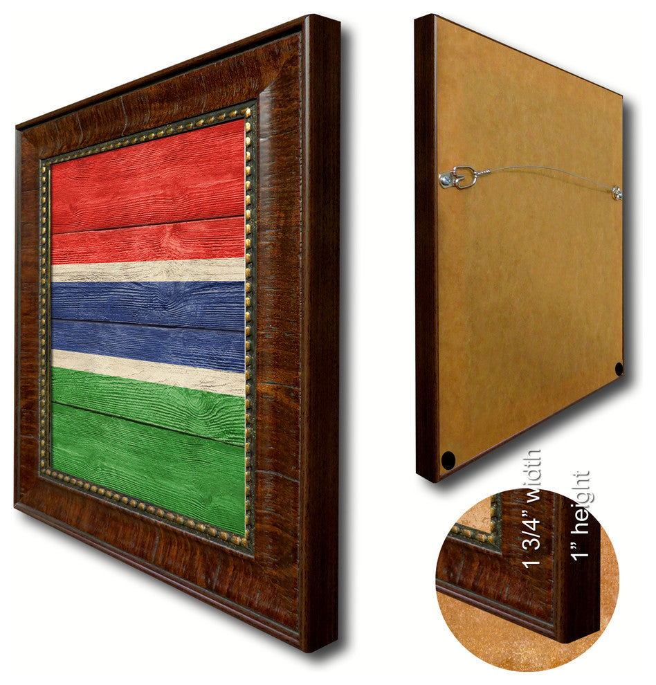 Gambia Country Textured Flag Print With Brown Gold Frame, 19"X27"