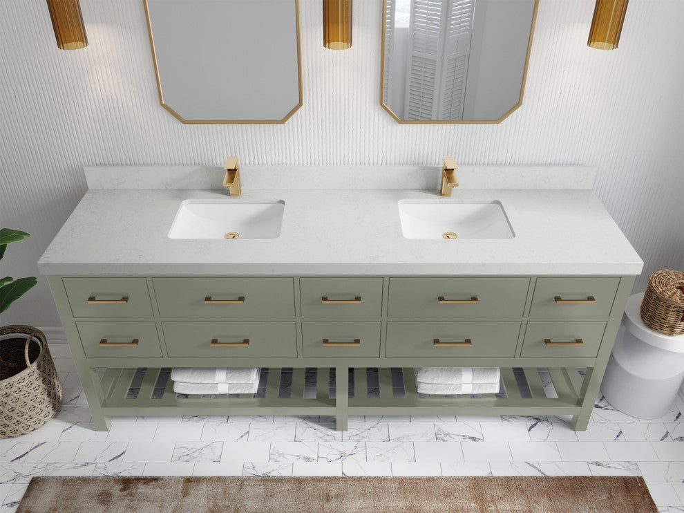 Parker 84" Double Sink Bath Vanity in Evergreen  2" Carrara Quartz