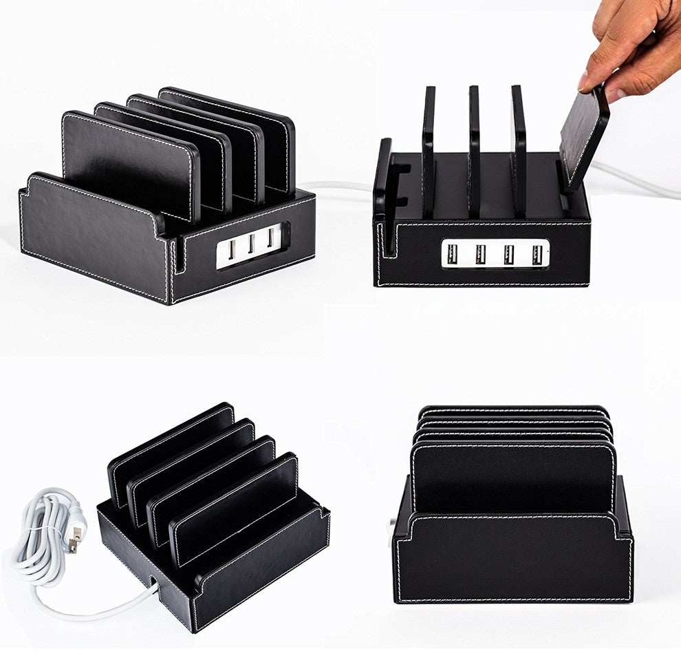 Compact Charging Station With Integrated 4-Port USB, Black Leatherette, With Set