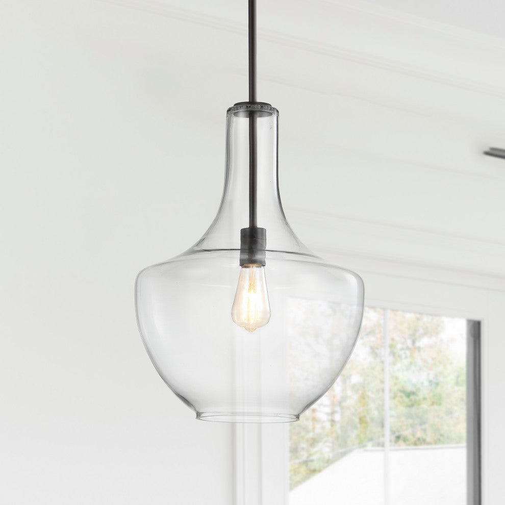 Watts 10.5" Glass, Metal LED Pendant, Oil Rubbed Bronze/Clear, Width: 13.25"