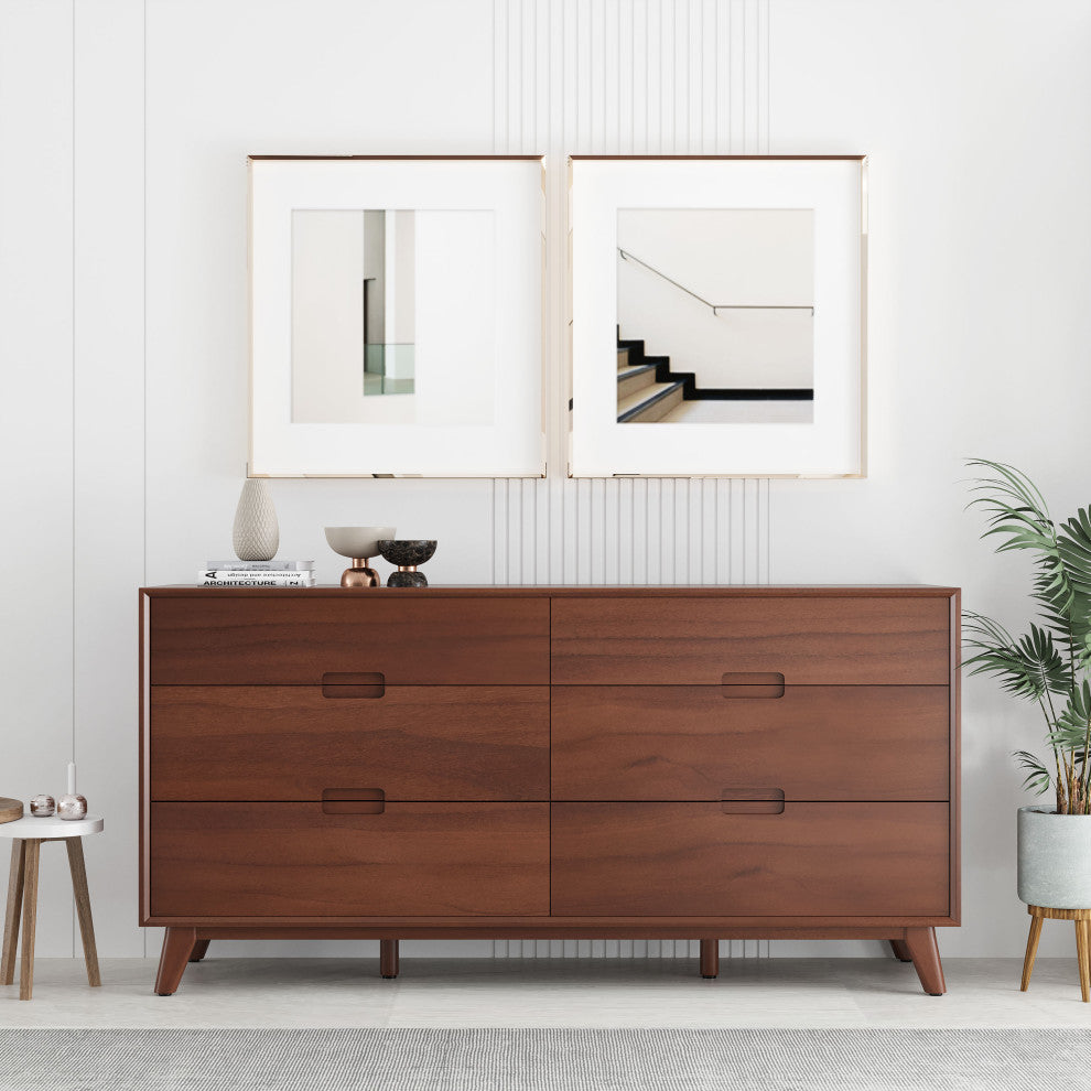 Modern Double Dresser With Groove Handles, Walnut Stain