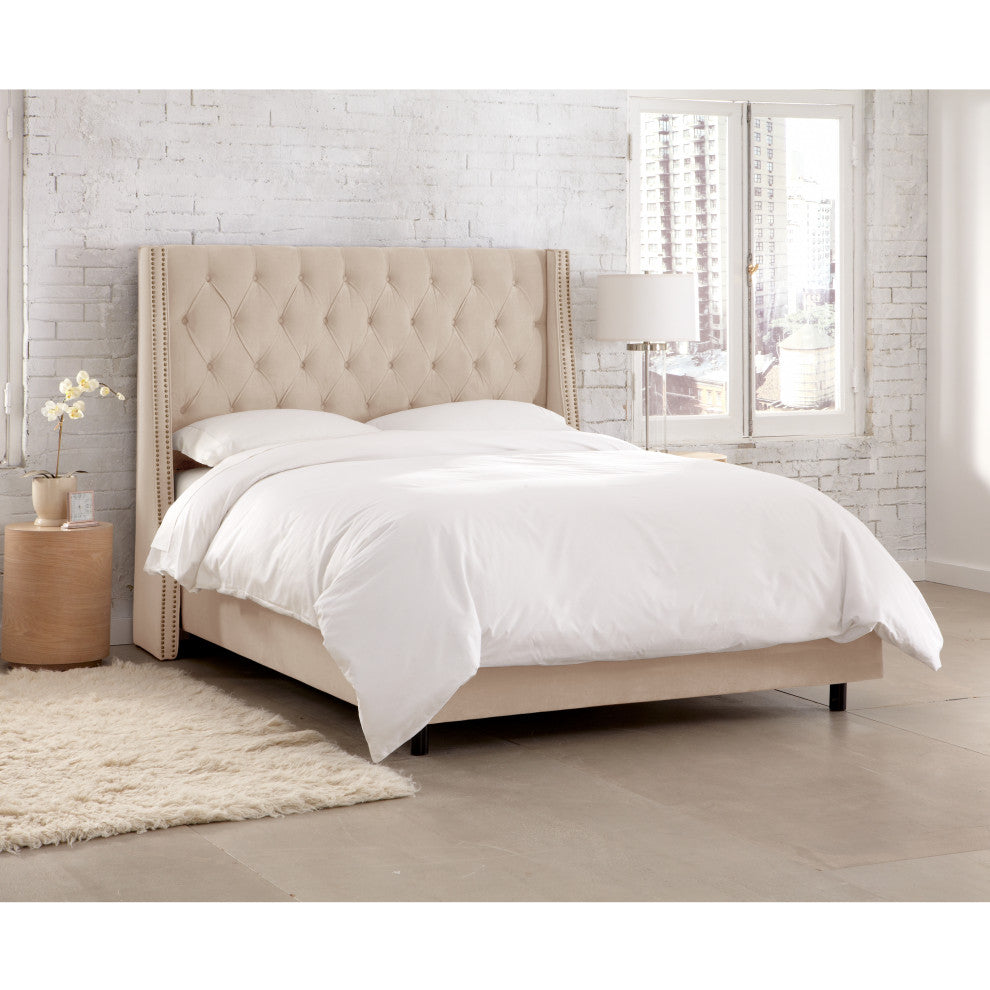 Williams Full Nail Button Wingback Bed, Velvet Pearl