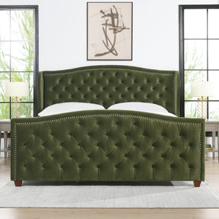 Marcella Upholstered Tufted Shelter Wingback Panel Bed, Olive Green Performance Velvet, King