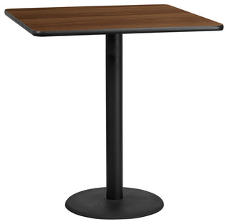 42" Square Walnut Laminate Table Top With 24" Round Bar Height Table Base