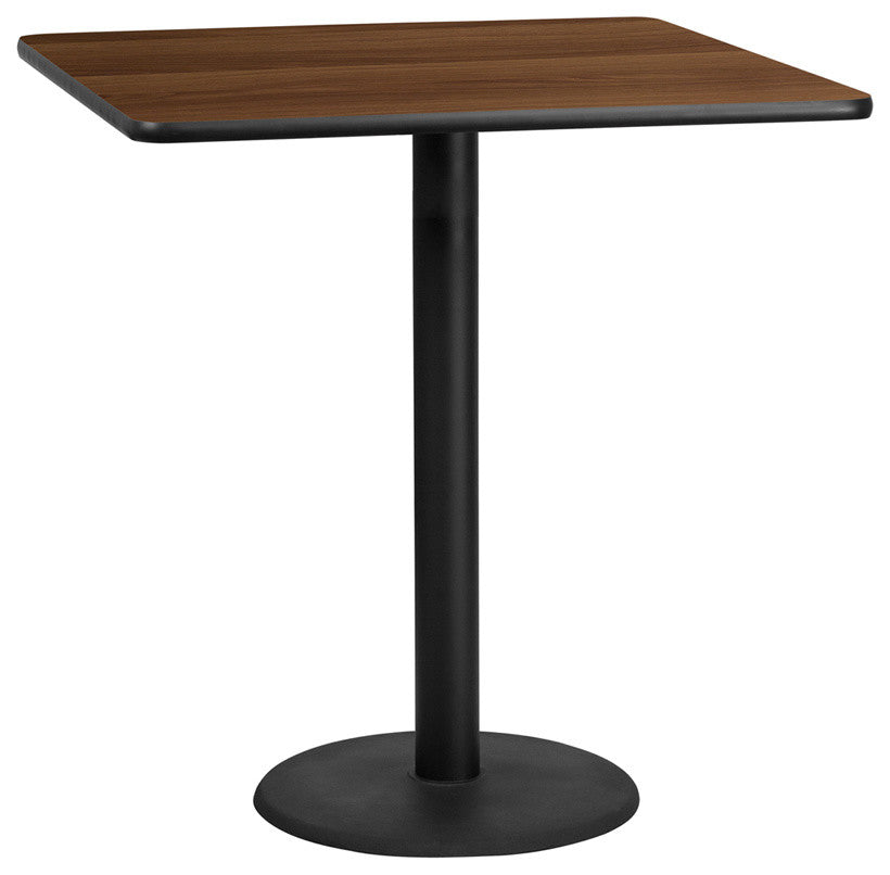 42" Square Walnut Laminate Table Top With 24" Round Bar Height Table Base