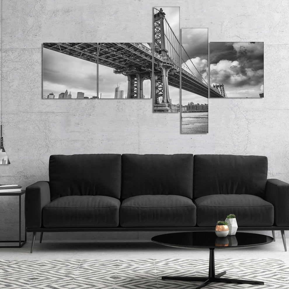 Manhattan Bridge in Gray Shade, Cityscape Photo Canvas Print, 60"x32", 5 panels