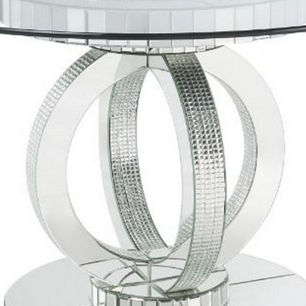 Benzara BM261677 Dining Table, Glass Top, Interloped Circular Mirror Base Silver