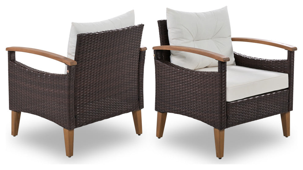 4-Piece Outdoor Wicker Patio Sofa Set with Wood Table and Removable Cushions, Beige