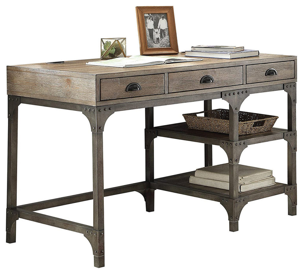 Desk with 3 Drawers, Weathered Oak and Antique Silver