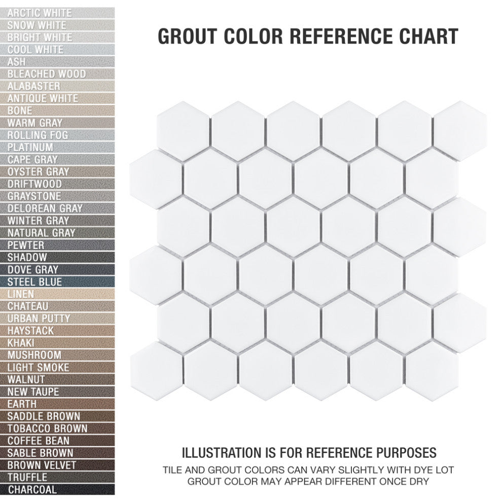 Metro Hex Matte 2" Porcelain Mosaic Floor and Wall Tile, Matte Grey, Glossy White