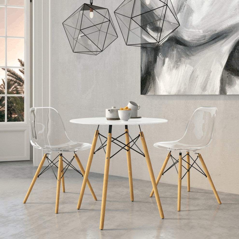 LeisureMod Dover Round Bistro Dining Table With Natural Wood Eiffel Base, White