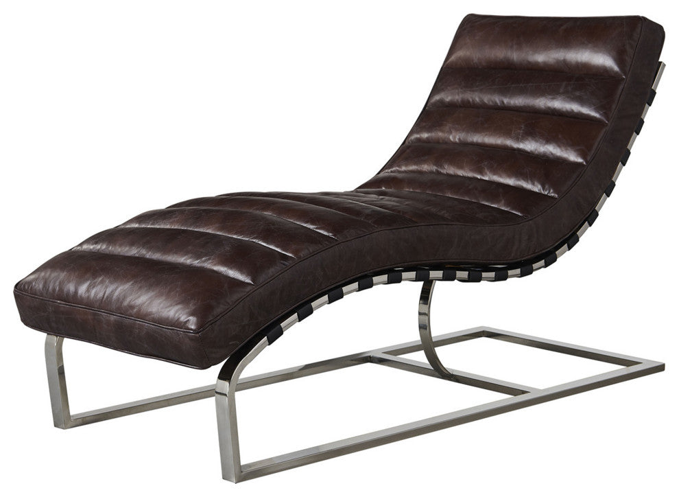 Plano Modern Channeled Leather Chaise Lounge Dark Brown Leather