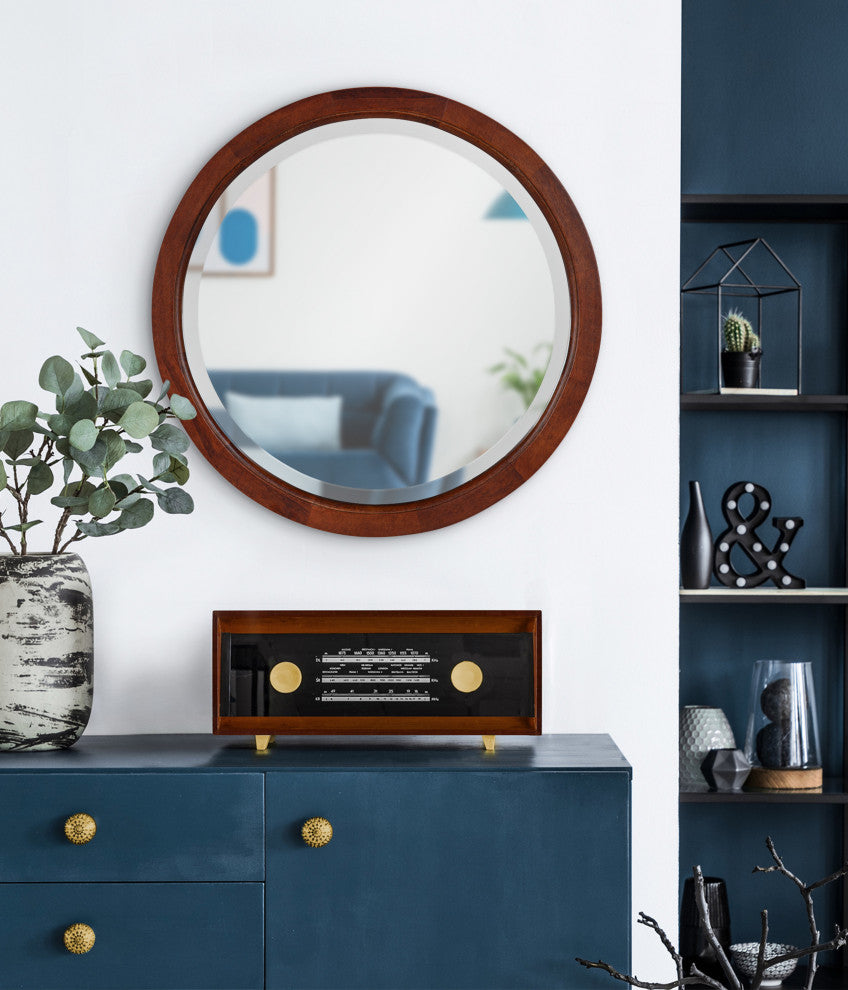 Hogan Round Framed Wall Mirror, Walnut Brown 18 Diameter