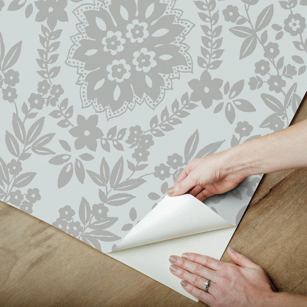 Blue & Silver Boho Baroque Damask Peel & Stick Wallpaper