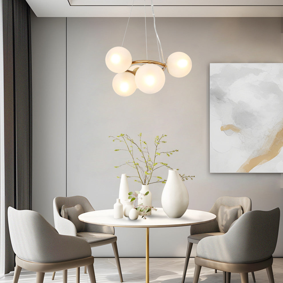 LNC 5-Light Polished Gold With Frosted Glass Globe Modern Chandelier