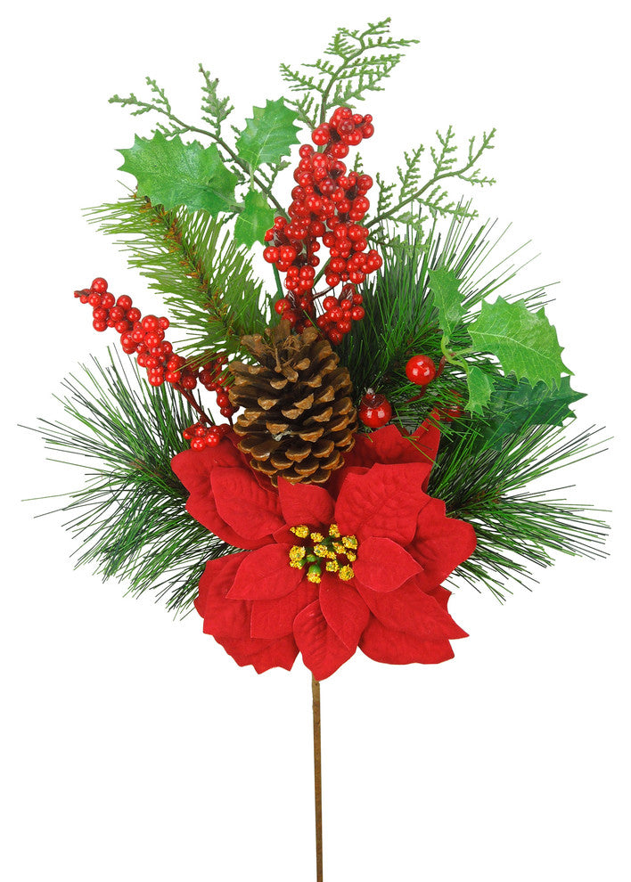 26" Christmas Poinsettia Berry Pinecone and Holly Leaf Spray