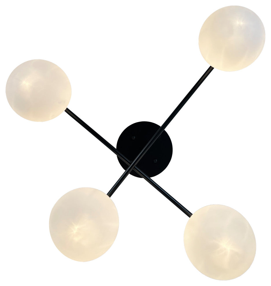 Kinich 12 in. 4-Light Black Semi Flush with White Glass Globes