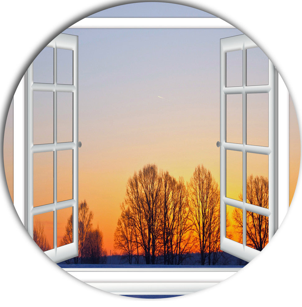Window To Sunset Over The Snow, Landscape Round Metal Wall Art, 36"