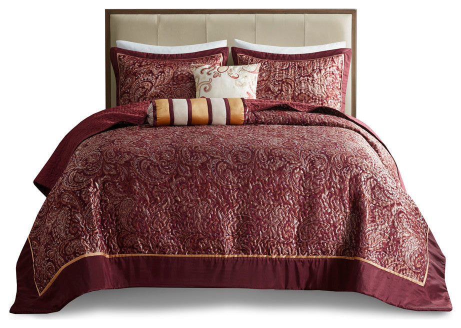 Madison Park Aubrey 5 Piece Reversible Jacquard Bedspread Set, Burgundy