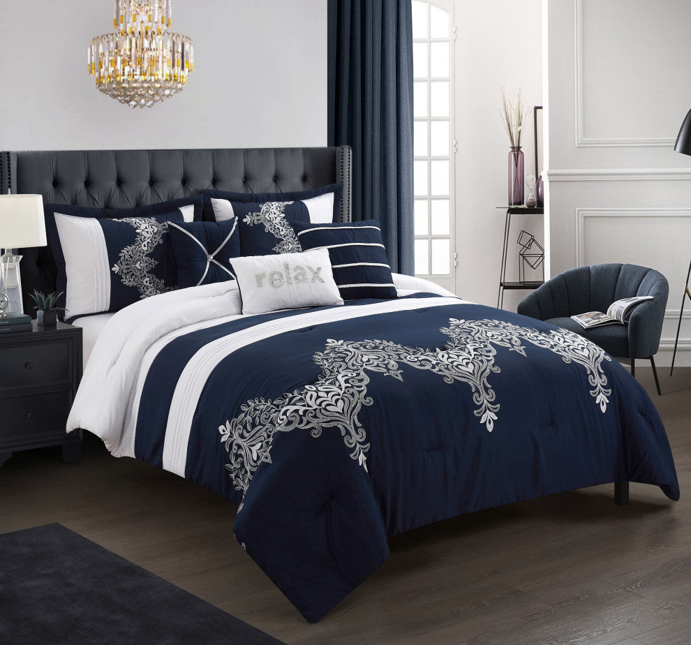 Odayle Damask 6- Piece Bedding Comforter Set, Navy, King